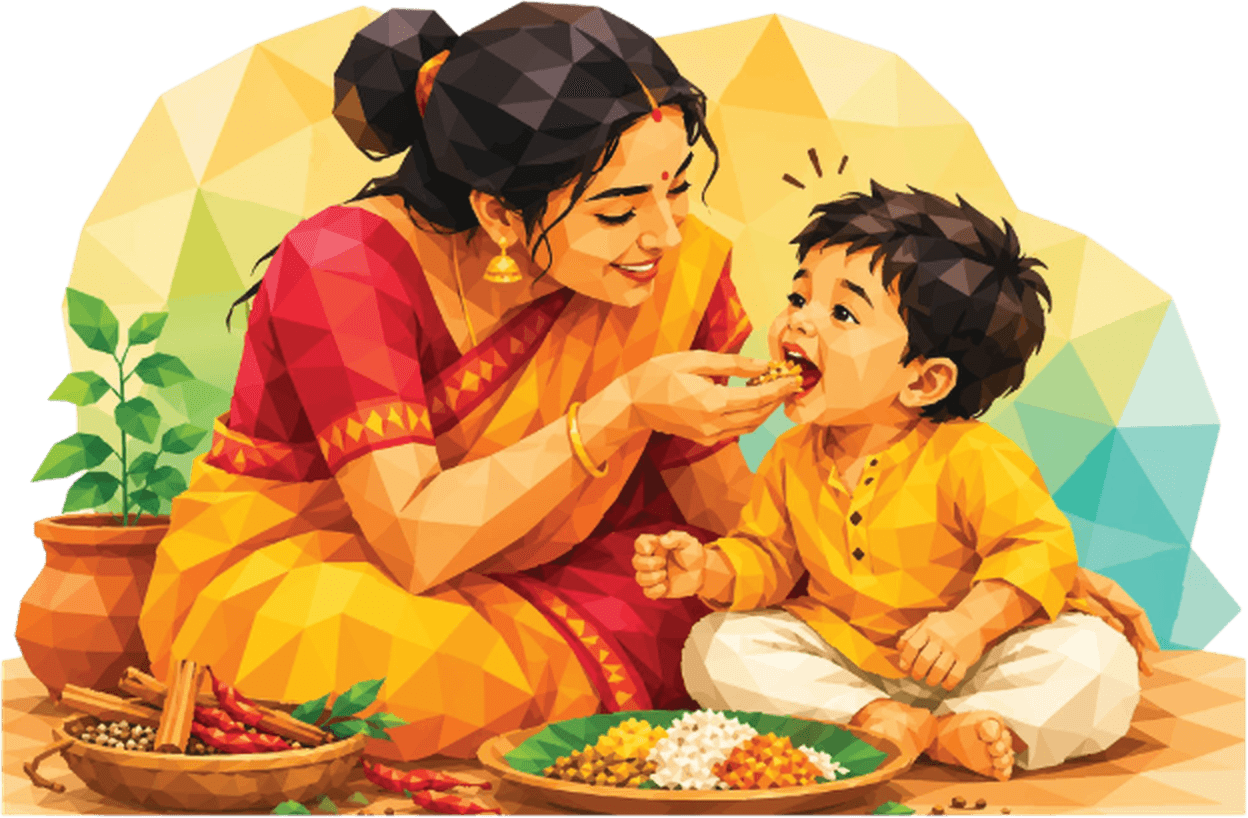 Indian mother lovingly feeding her baby boy with pure spices and wholesome masalas